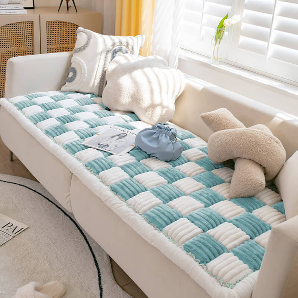 Cremefarbener großer karierten quadratischer fuzzy Haustier Hundematte Bett Ecksofa Couchbezug