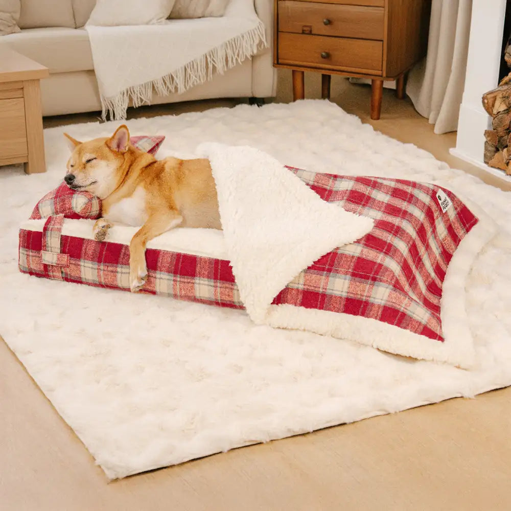 Orthopädisches Hundebett aus Vintage-Karo-Plüsch, abnehmbar mit Kissen – gemütlich für Welpen