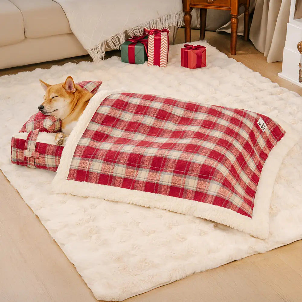 Orthopädisches Hundebett aus Vintage-Karo-Plüsch, abnehmbar mit Kissen – gemütlich für Welpen
