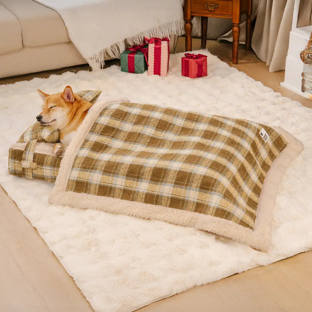 Orthopädisches Hundebett aus Vintage-Karo-Plüsch, abnehmbar mit Kissen – gemütlich für Welpen