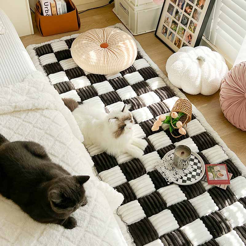 Cremefarbener großer karierten quadratischer fuzzy Haustier Hundematte Bett Ecksofa Couchbezug