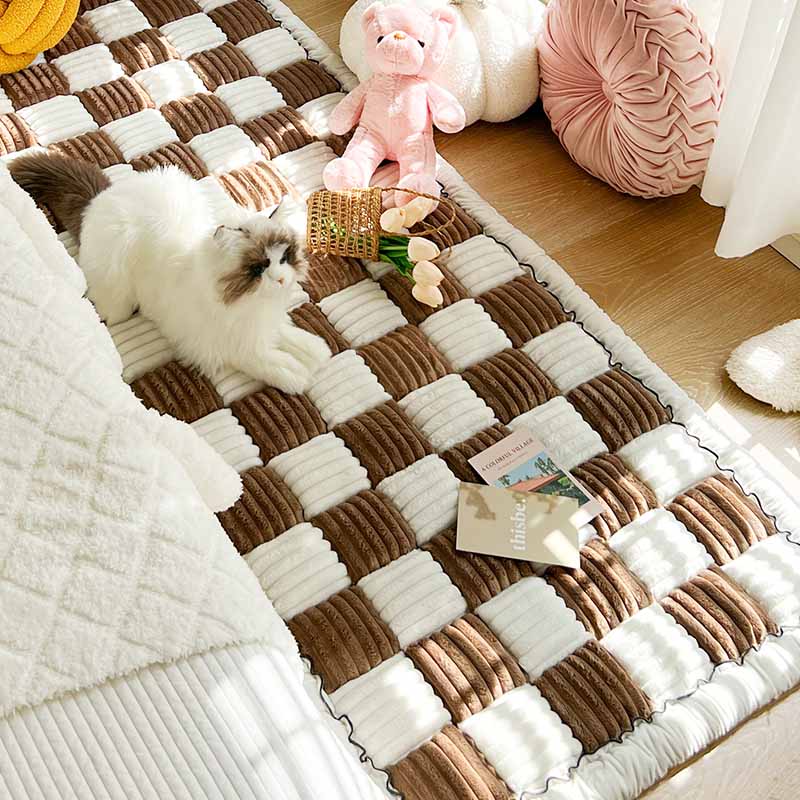 Cremefarbener großer karierten quadratischer fuzzy Haustier Hundematte Bett Ecksofa Couchbezug