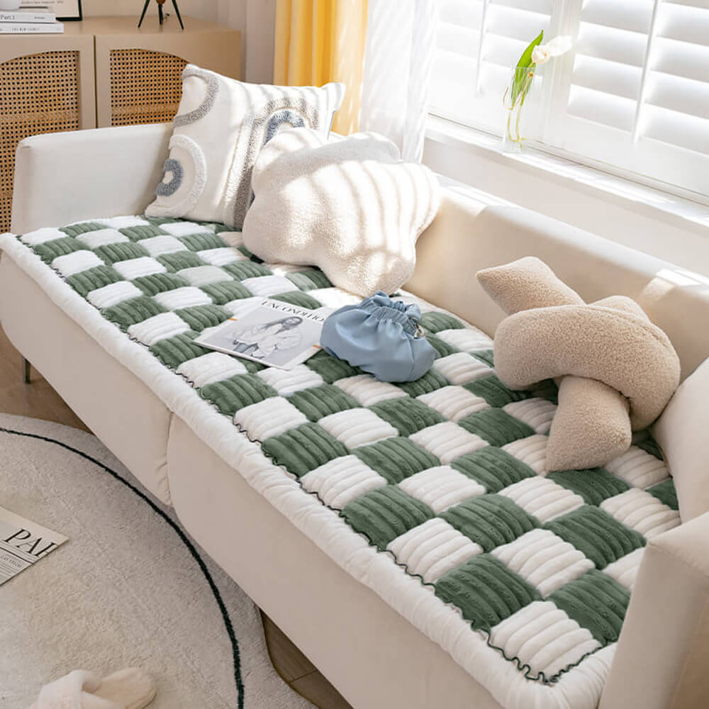 Cremefarbener großer karierten quadratischer fuzzy Haustier Hundematte Bett Ecksofa Couchbezug
