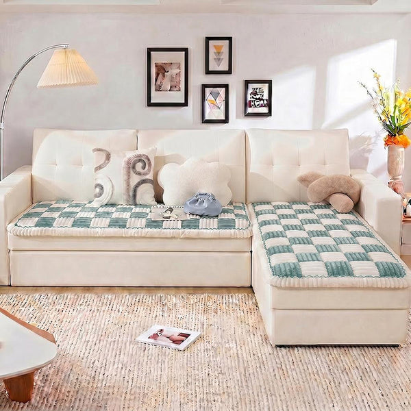Cremefarbener großer karierten quadratischer fuzzy Haustier Hundematte Bett Ecksofa Couchbezug